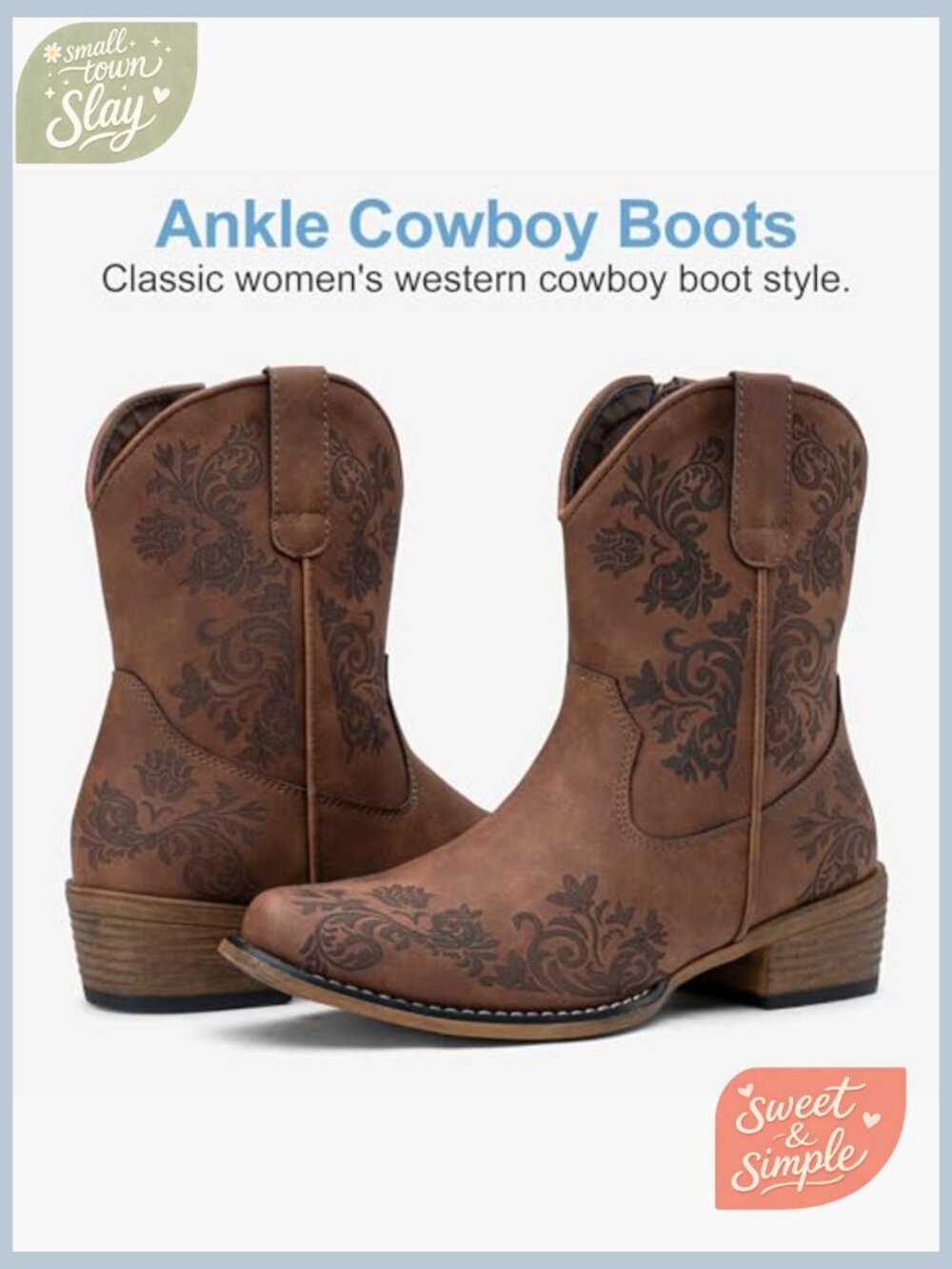 Western Cowboy Ankle Booties Square Toe Low Heel Zipper Comfort - Picture 6 of 7